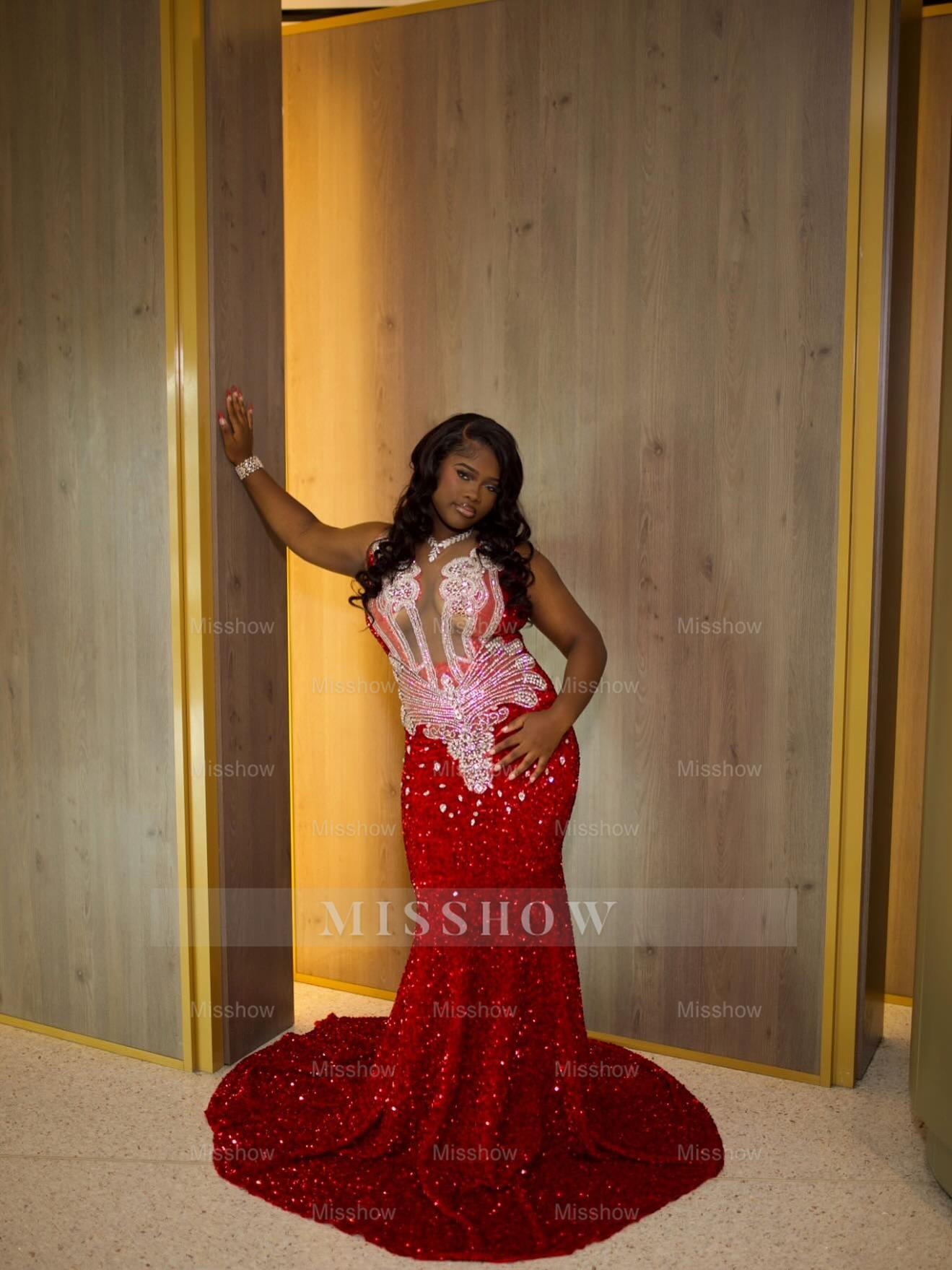 Gorgeous Long Red Mermaid Sequined Sleeveless Prom Dress with Veil