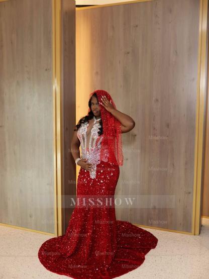 Gorgeous Long Red Mermaid Sequined Sleeveless Prom Dress with Veil