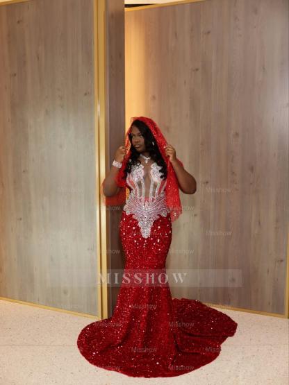 Gorgeous Long Red Mermaid Sequined Sleeveless Prom Dress with Veil