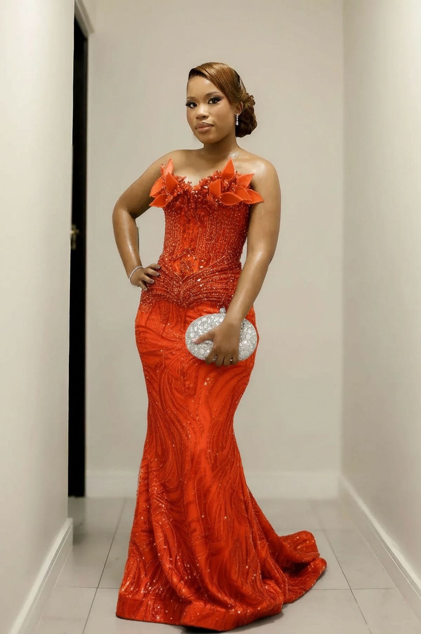 Gorgeous Long Red Mermaid Strapless Beaded Sleeveless Prom Dress