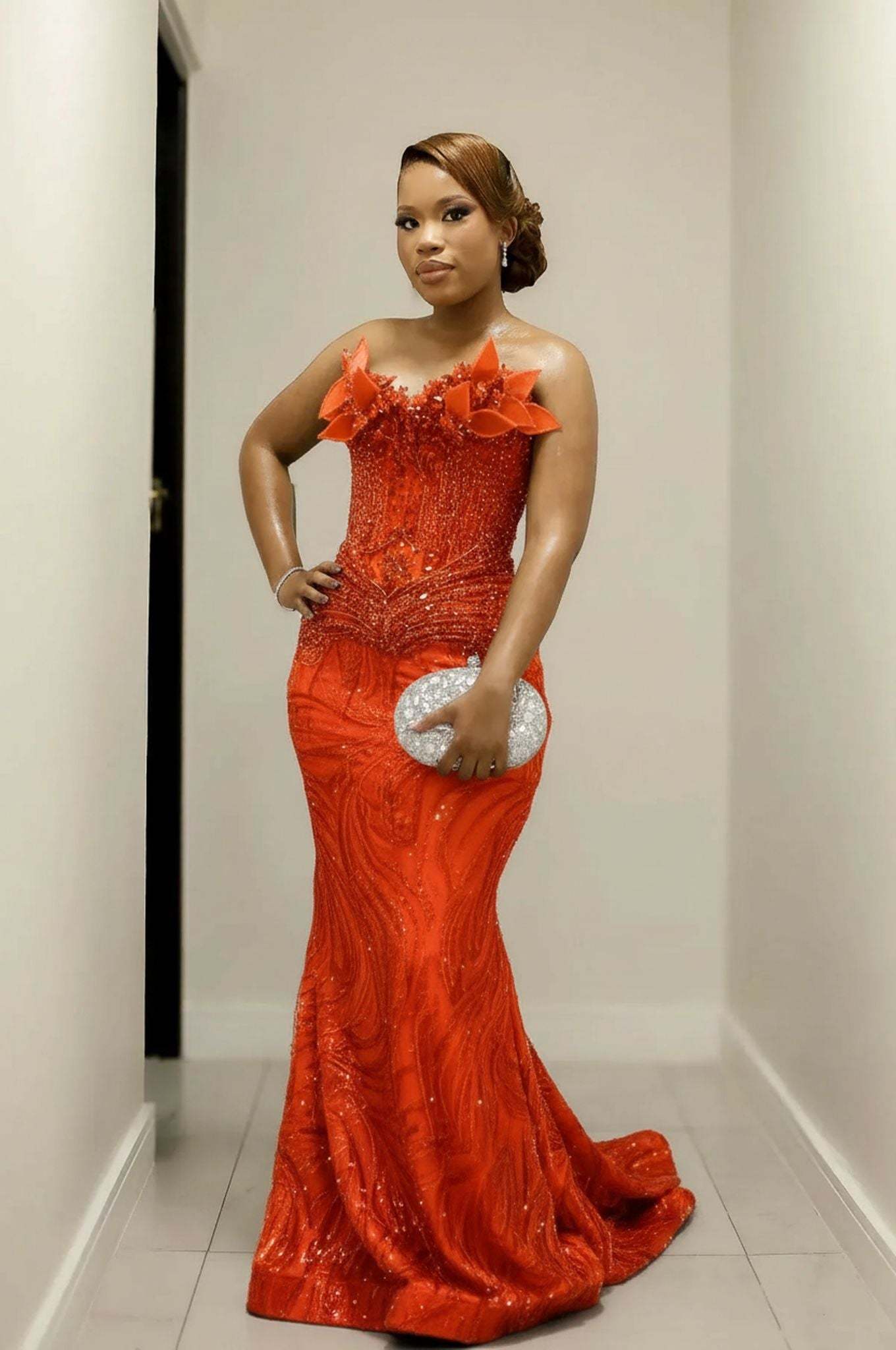 Gorgeous Long Red Mermaid Strapless Beaded Sleeveless Prom Dress