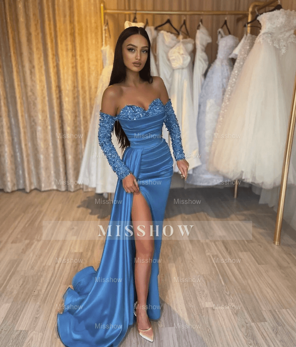 Gorgeous Long Red Mermaid Sweetheart Sequined Beading Long Sleeves Prom Evening Dresses with Slit