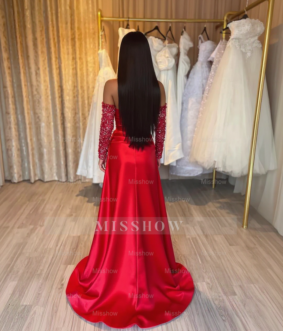 Gorgeous Long Red Mermaid Sweetheart Sequined Beading Long Sleeves Prom Evening Dresses with Slit