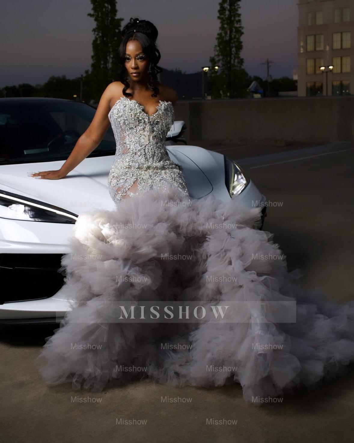 Gorgeous Long Silver Mermaid Beaded Diamond Prom Dress with Ruffles