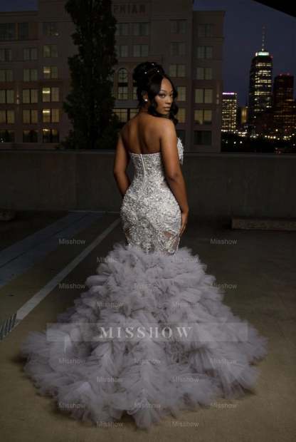 Gorgeous Long Silver Mermaid Beaded Diamond Prom Dress with Ruffles