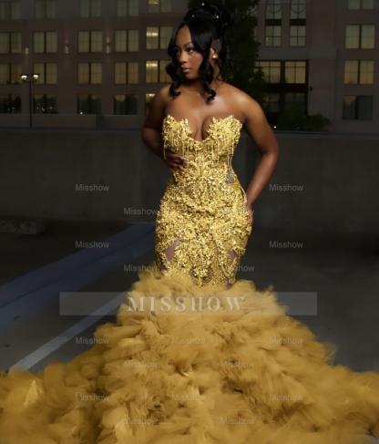 Gorgeous Long Silver Mermaid Beaded Diamond Prom Dress with Ruffles