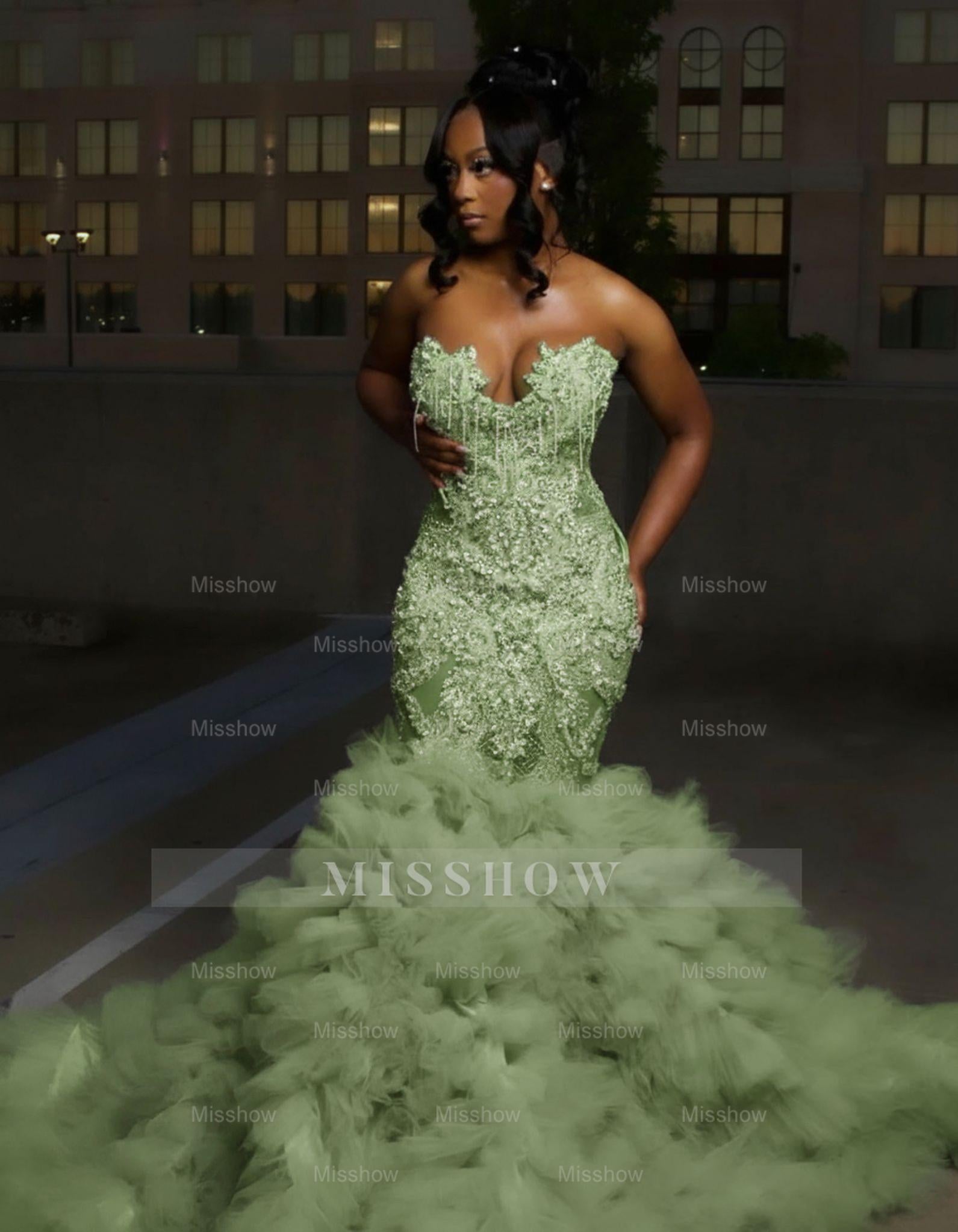 Gorgeous Long Silver Mermaid Beaded Diamond Prom Dress with Ruffles