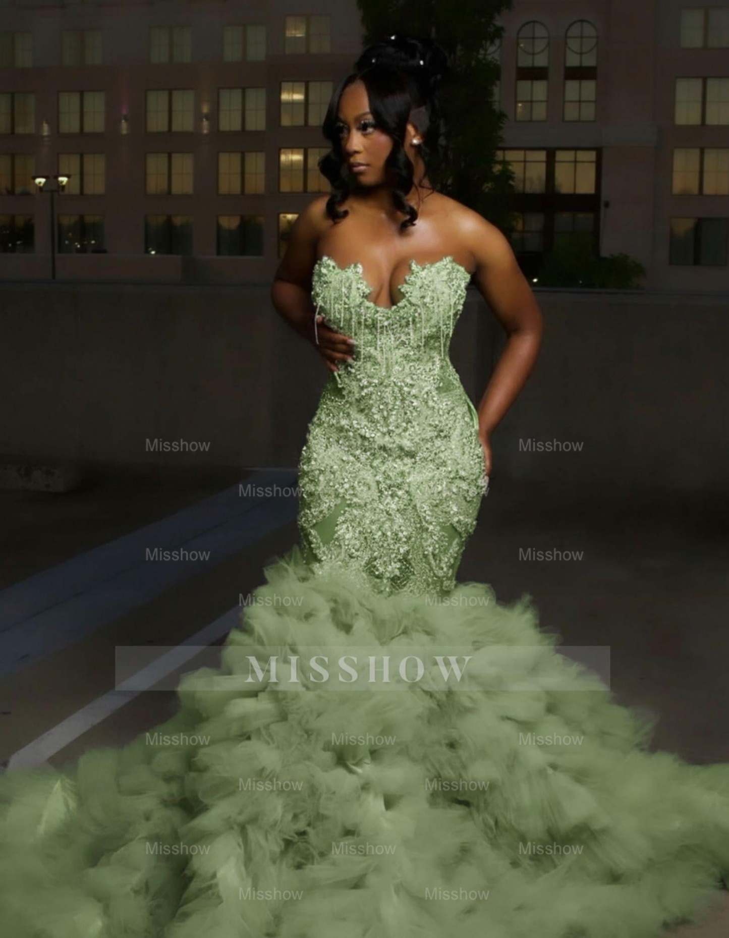 Gorgeous Long Silver Mermaid Beaded Diamond Prom Dress with Ruffles