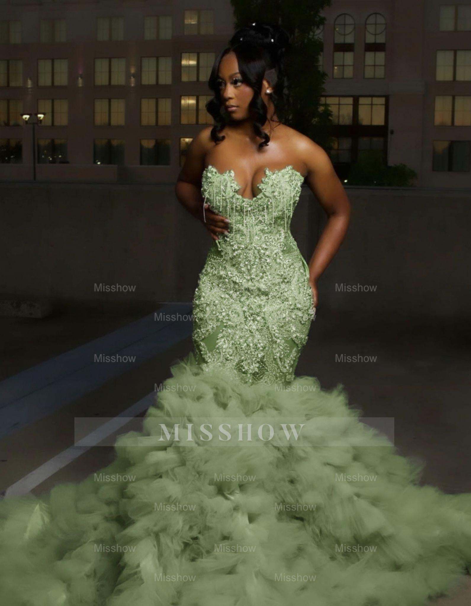 Gorgeous Long Silver Mermaid Beaded Diamond Prom Dress with Ruffles