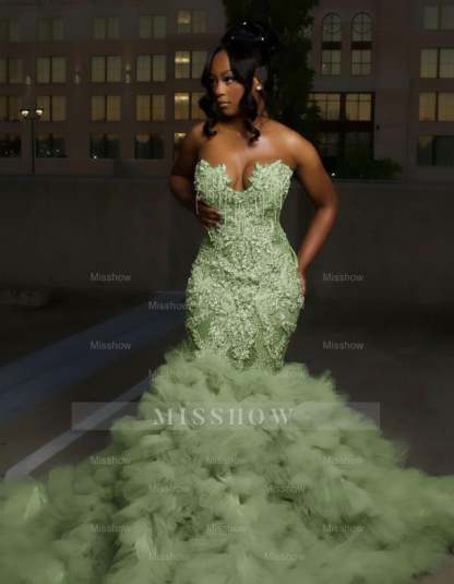 Gorgeous Long Silver Mermaid Beaded Diamond Prom Dress with Ruffles