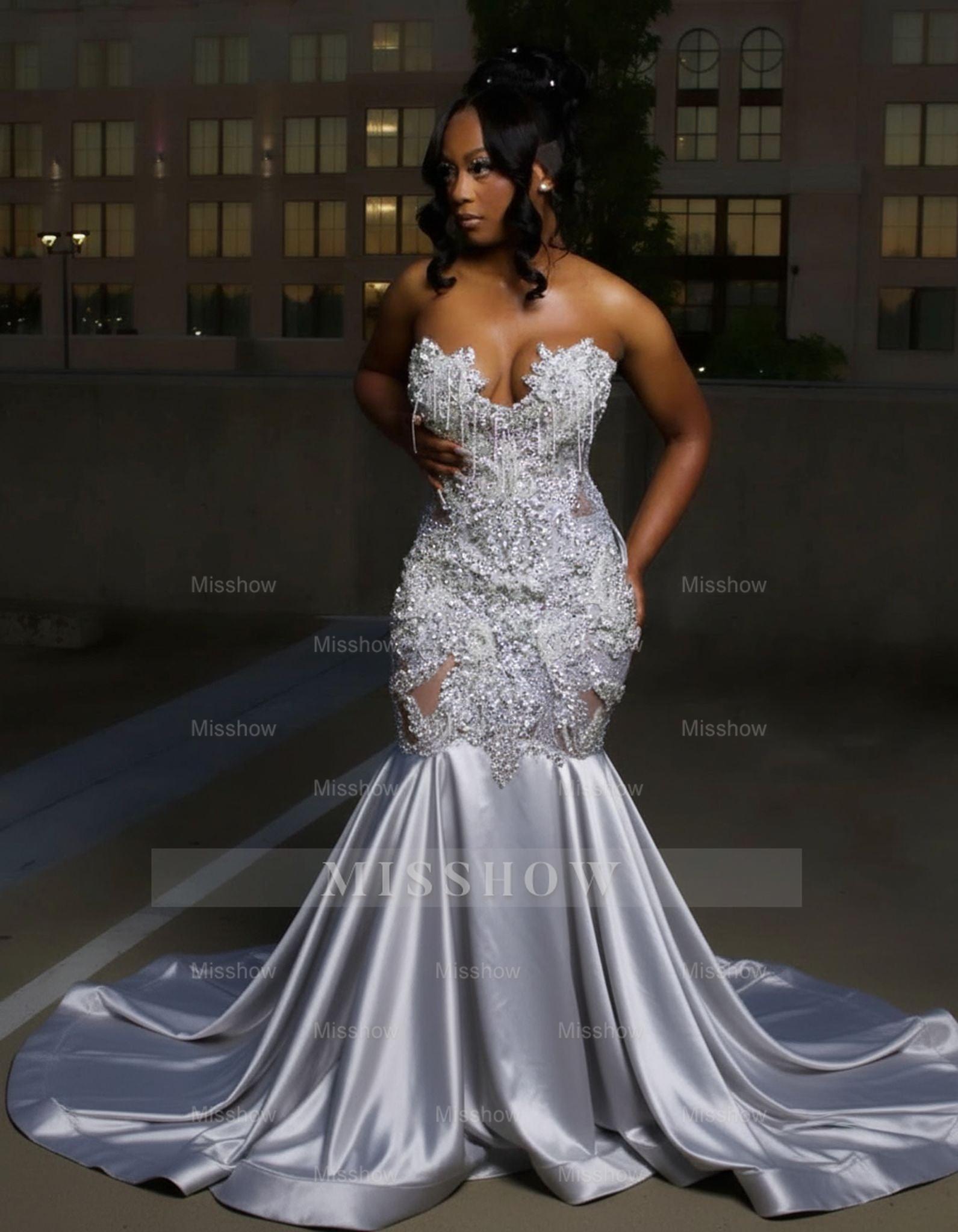 Gorgeous Long Silver Mermaid Beaded Diamond Prom Dress with Ruffles