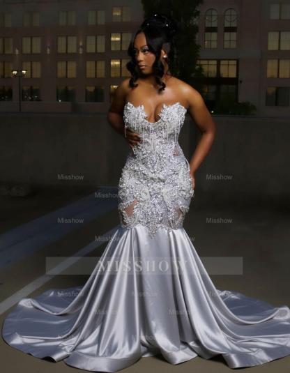 Gorgeous Long Silver Mermaid Beaded Diamond Prom Dress with Ruffles