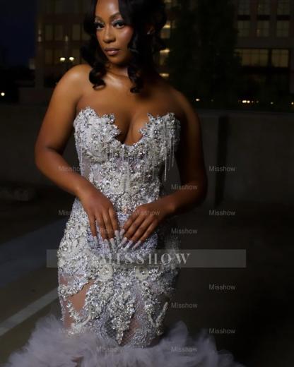 Gorgeous Long Silver Mermaid Beaded Diamond Prom Dress with Ruffles