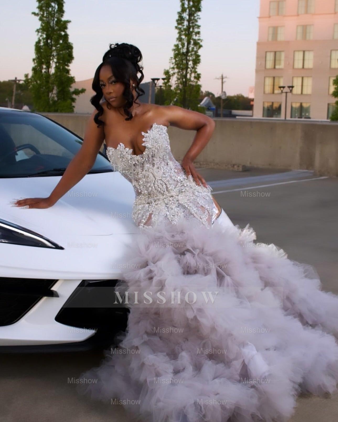 Gorgeous Long Silver Mermaid Beaded Diamond Prom Dress with Ruffles