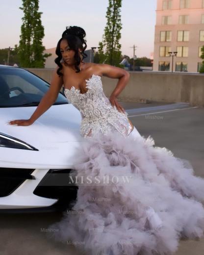 Gorgeous Long Silver Mermaid Beaded Diamond Prom Dress with Ruffles