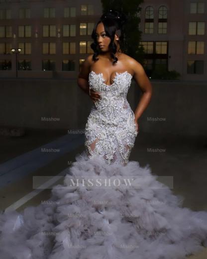 Gorgeous Long Silver Mermaid Beaded Diamond Prom Dress with Ruffles