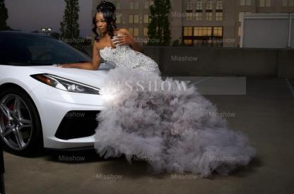 Gorgeous Long Silver Mermaid Beaded Diamond Prom Dress with Ruffles