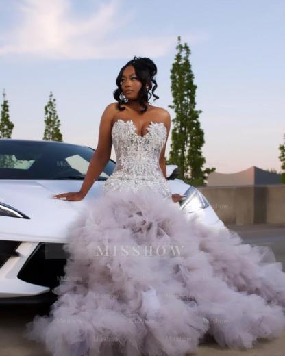 Gorgeous Long Silver Mermaid Beaded Diamond Prom Dress with Ruffles