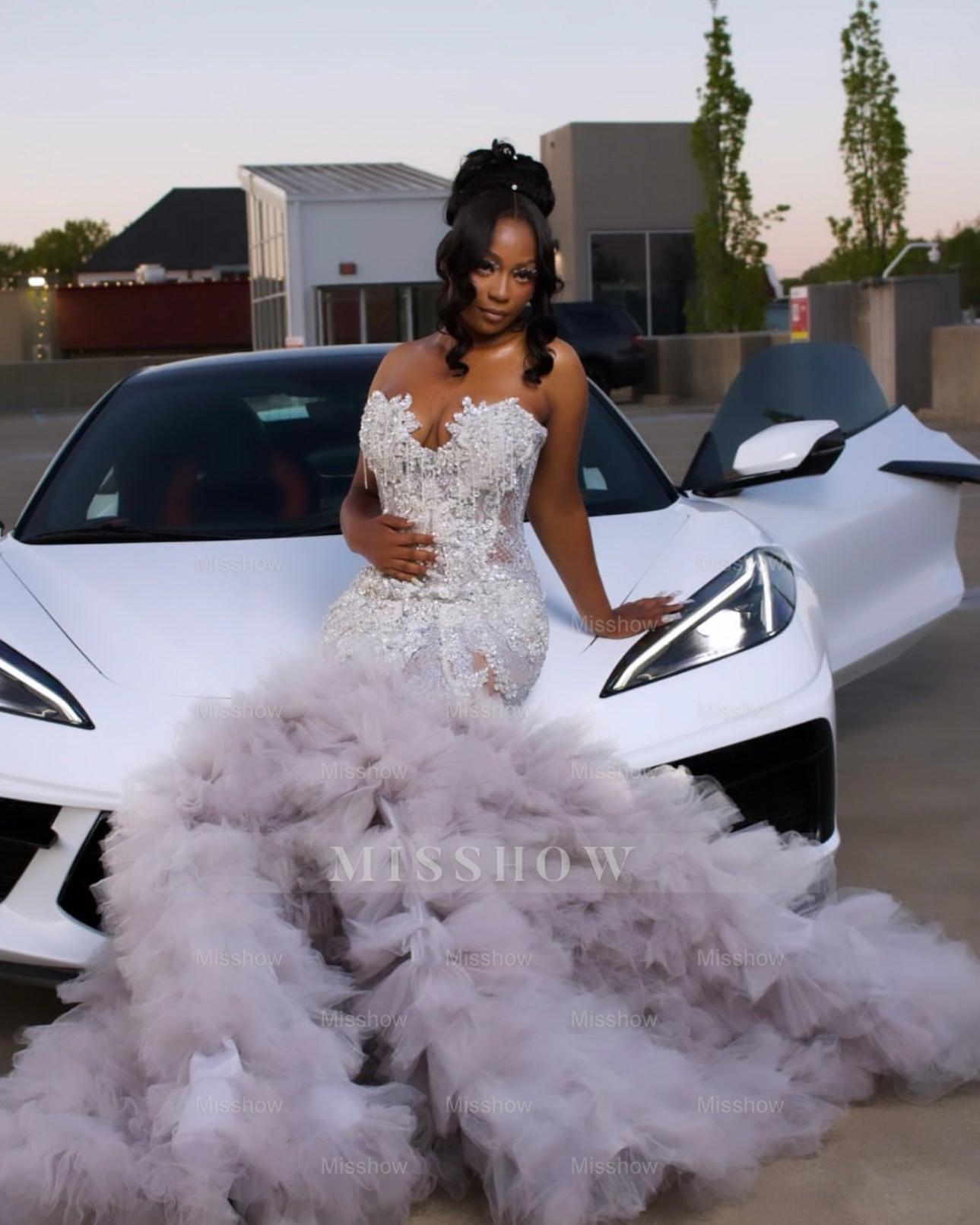 Gorgeous Long Silver Mermaid Beaded Diamond Prom Dress with Ruffles