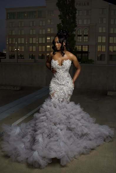 Gorgeous Long Silver Mermaid Beaded Diamond Prom Dress with Ruffles