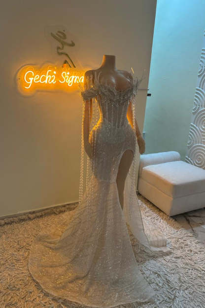 Gorgeous Long Silver Off-the-shoulder Mermaid Lace Beadings Prom Dress with Slit