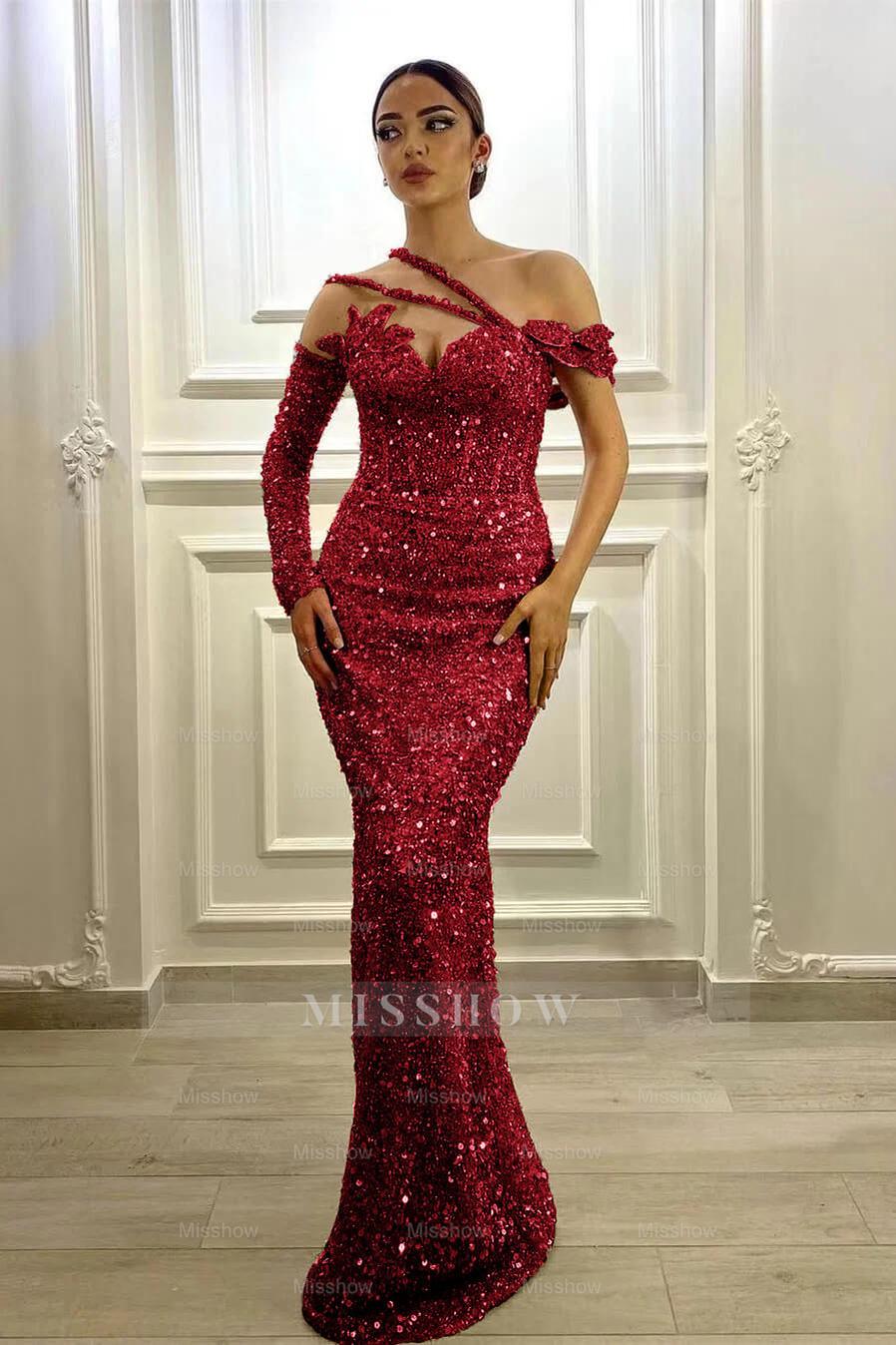 Gorgeous Long Sleeves One Shoulder Lavender Formal Dress Mermaid With Sequins