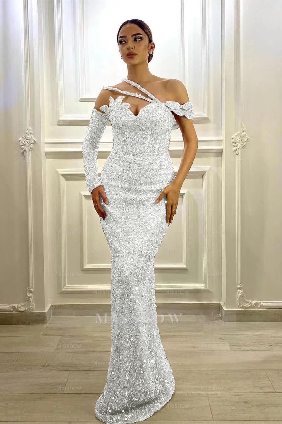 Gorgeous Long Sleeves One Shoulder Lavender Formal Dress Mermaid With Sequins