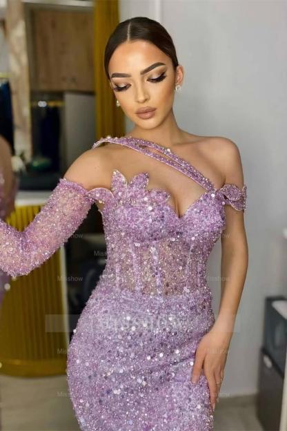 Gorgeous Long Sleeves One Shoulder Lavender Formal Dress Mermaid With Sequins