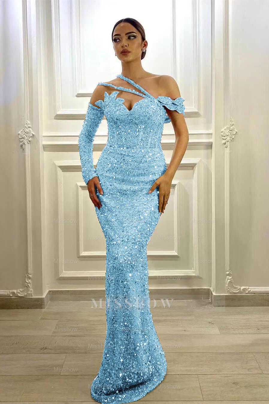 Gorgeous Long Sleeves One Shoulder Lavender Formal Dress Mermaid With Sequins