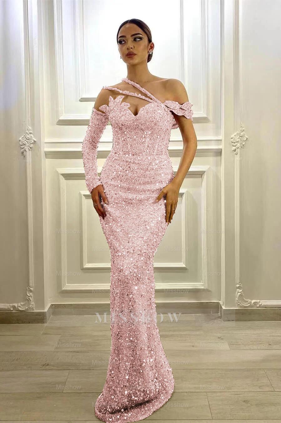 Gorgeous Long Sleeves One Shoulder Lavender Formal Dress Mermaid With Sequins