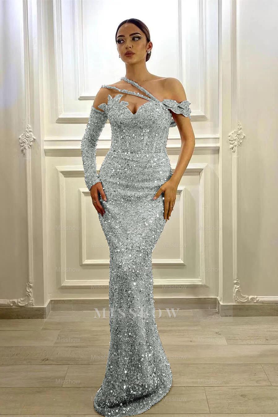 Gorgeous Long Sleeves One Shoulder Lavender Formal Dress Mermaid With Sequins