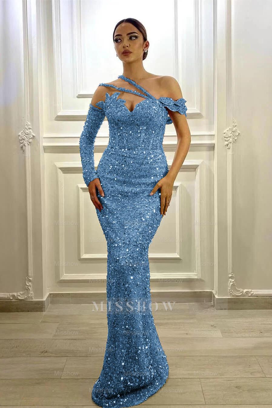 Gorgeous Long Sleeves One Shoulder Lavender Formal Dress Mermaid With Sequins