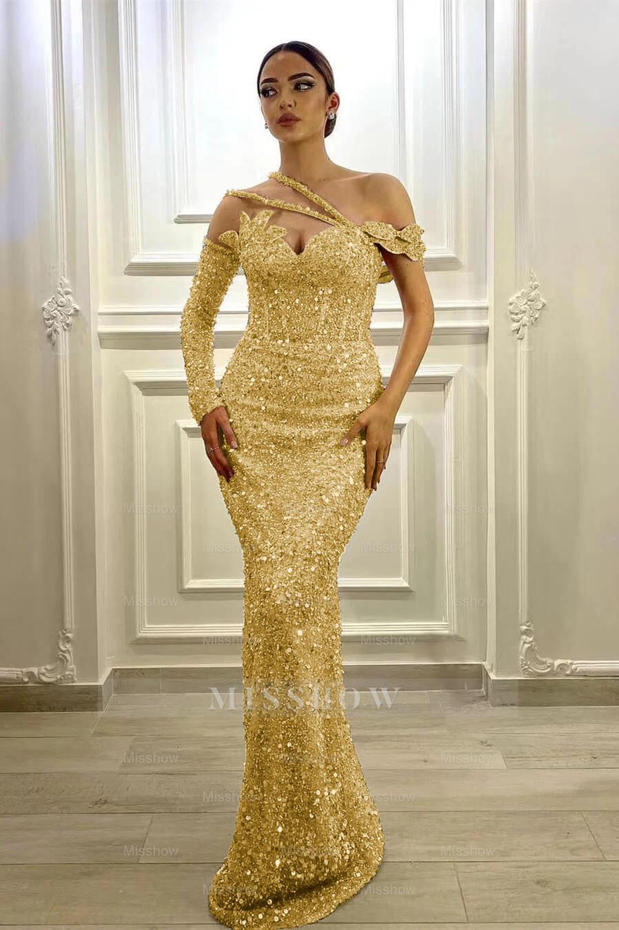 Gorgeous Long Sleeves One Shoulder Lavender Formal Dress Mermaid With Sequins