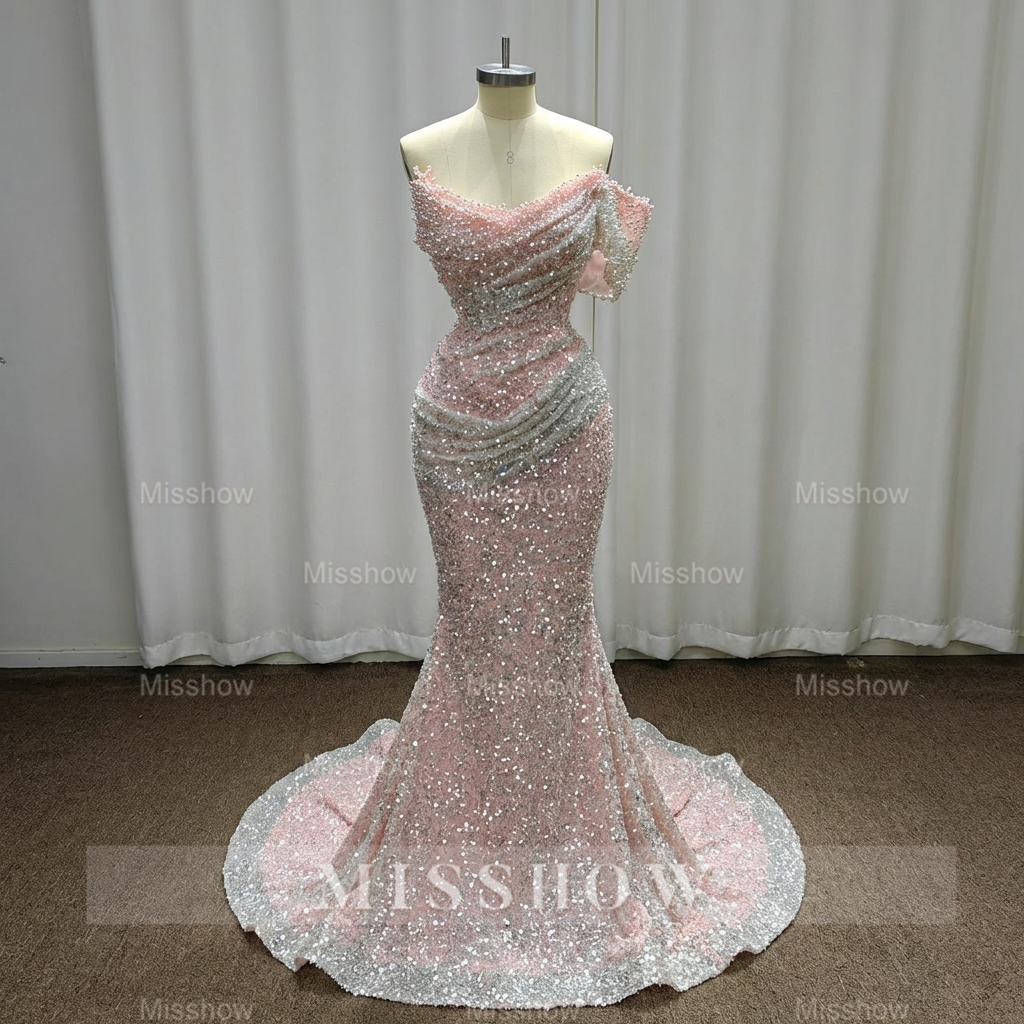 Gorgeous Pink Strapless Mermaid Beaded Sequined Sleeveless Long Evening Dresses With Pearls