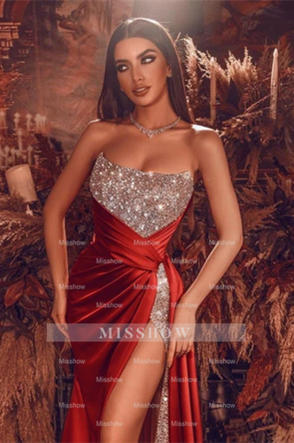 Gorgeous Red Long Evening Dress With Split Long Beads Prom Evening Dresses