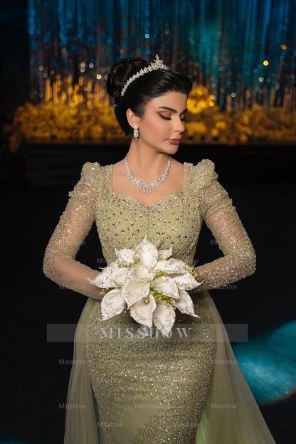 Gorgeous Sage Mermaid Square Long Sleeves Sequined Panel Train Tulle Evening Dress With Rhinestones