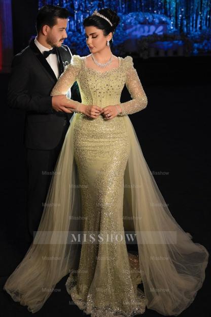 Gorgeous Sage Mermaid Square Long Sleeves Sequined Panel Train Tulle Evening Dress With Rhinestones