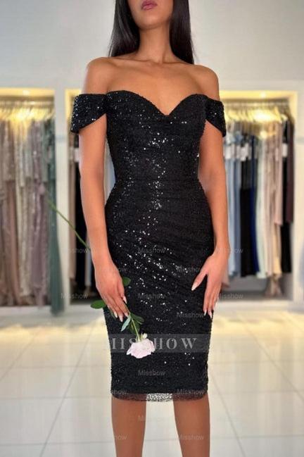 Gorgeous Short Black Off-the-shoulder Cocktail Dresses With Glitter