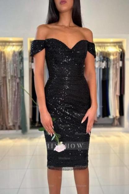 Gorgeous Short Black Off-the-shoulder Cocktail Dresses With Glitter