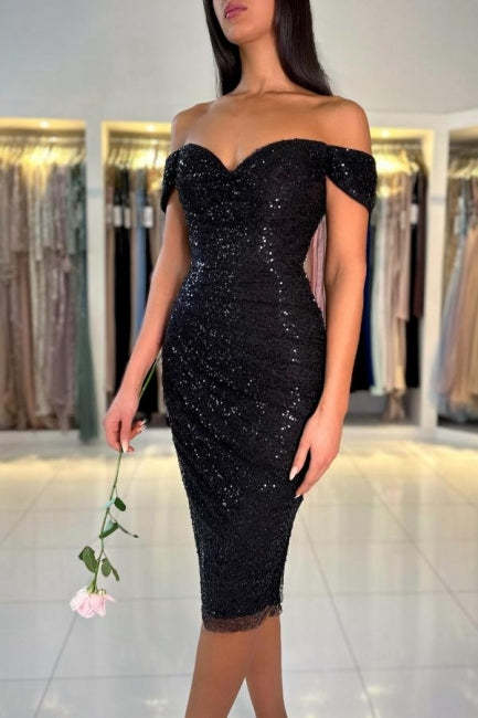 Gorgeous Short Black Off-the-shoulder Cocktail Dresses With Glitter