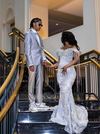 Gorgeous Silver Off-the-Shoulder Sleeveless Mermaid Prom Dress with Tassels and Rhinestones