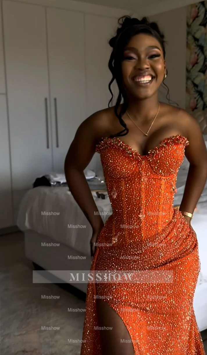 Gorgeous Strapless Sleeveless Mermaid Glitter Long Prom Dress With Slit