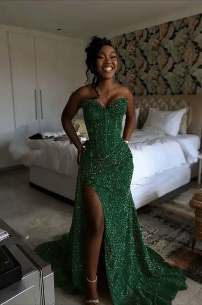 Gorgeous Strapless Sleeveless Mermaid Glitter Long Prom Dress With Slit
