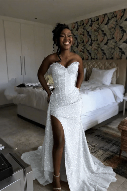 Gorgeous Strapless Sleeveless Mermaid Glitter Long Prom Dress With Slit