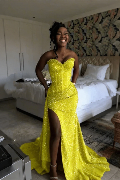 Gorgeous Strapless Sleeveless Mermaid Glitter Long Prom Dress With Slit