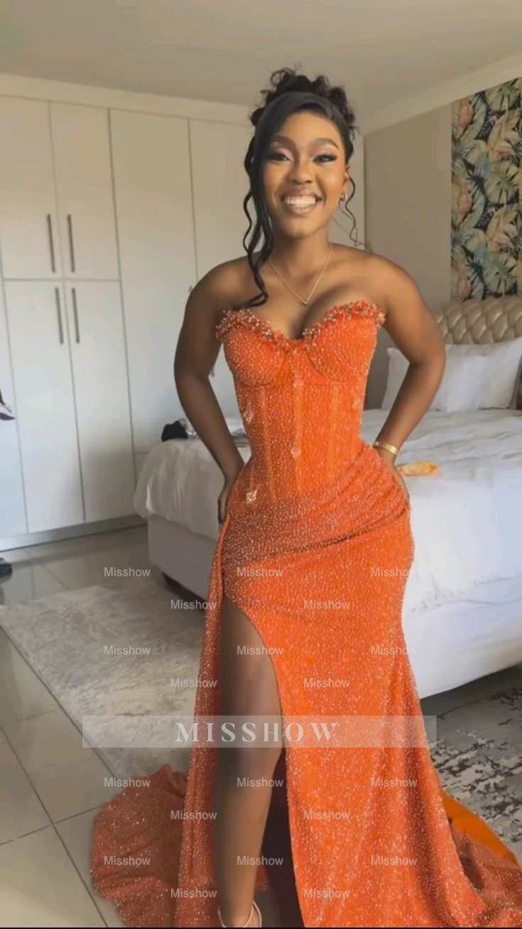 Gorgeous Strapless Sleeveless Mermaid Glitter Long Prom Dress With Slit