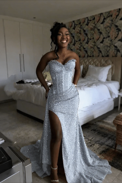 Gorgeous Strapless Sleeveless Mermaid Glitter Long Prom Dress With Slit