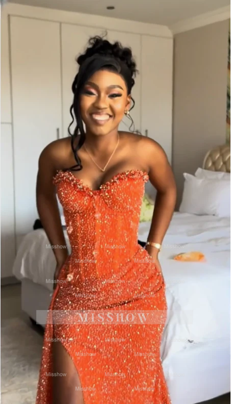 Gorgeous Strapless Sleeveless Mermaid Glitter Long Prom Dress With Slit