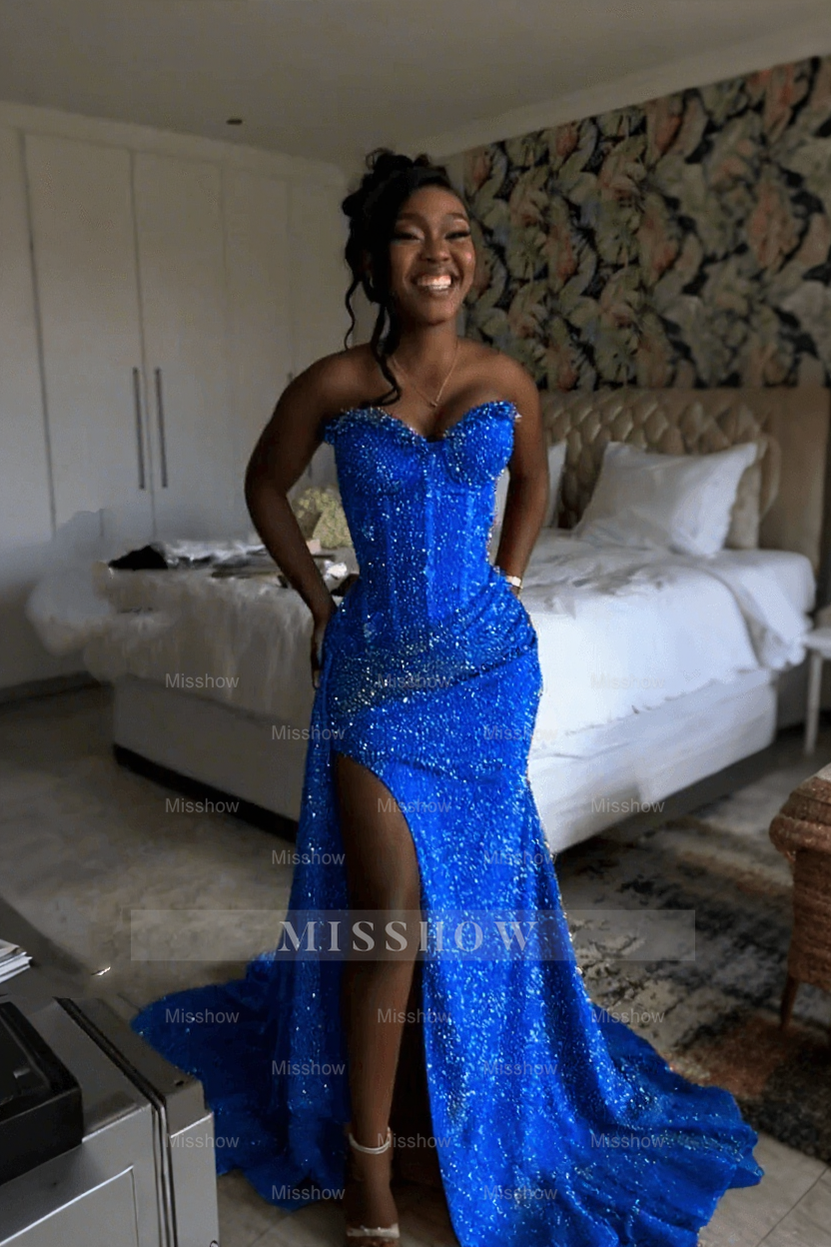 Gorgeous Strapless Sleeveless Mermaid Glitter Long Prom Dress With Slit
