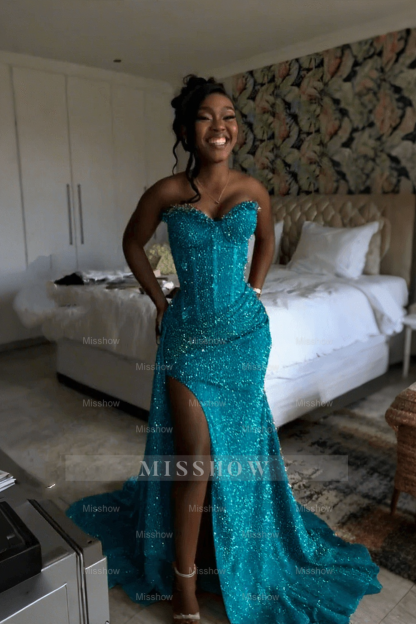 Gorgeous Strapless Sleeveless Mermaid Glitter Long Prom Dress With Slit